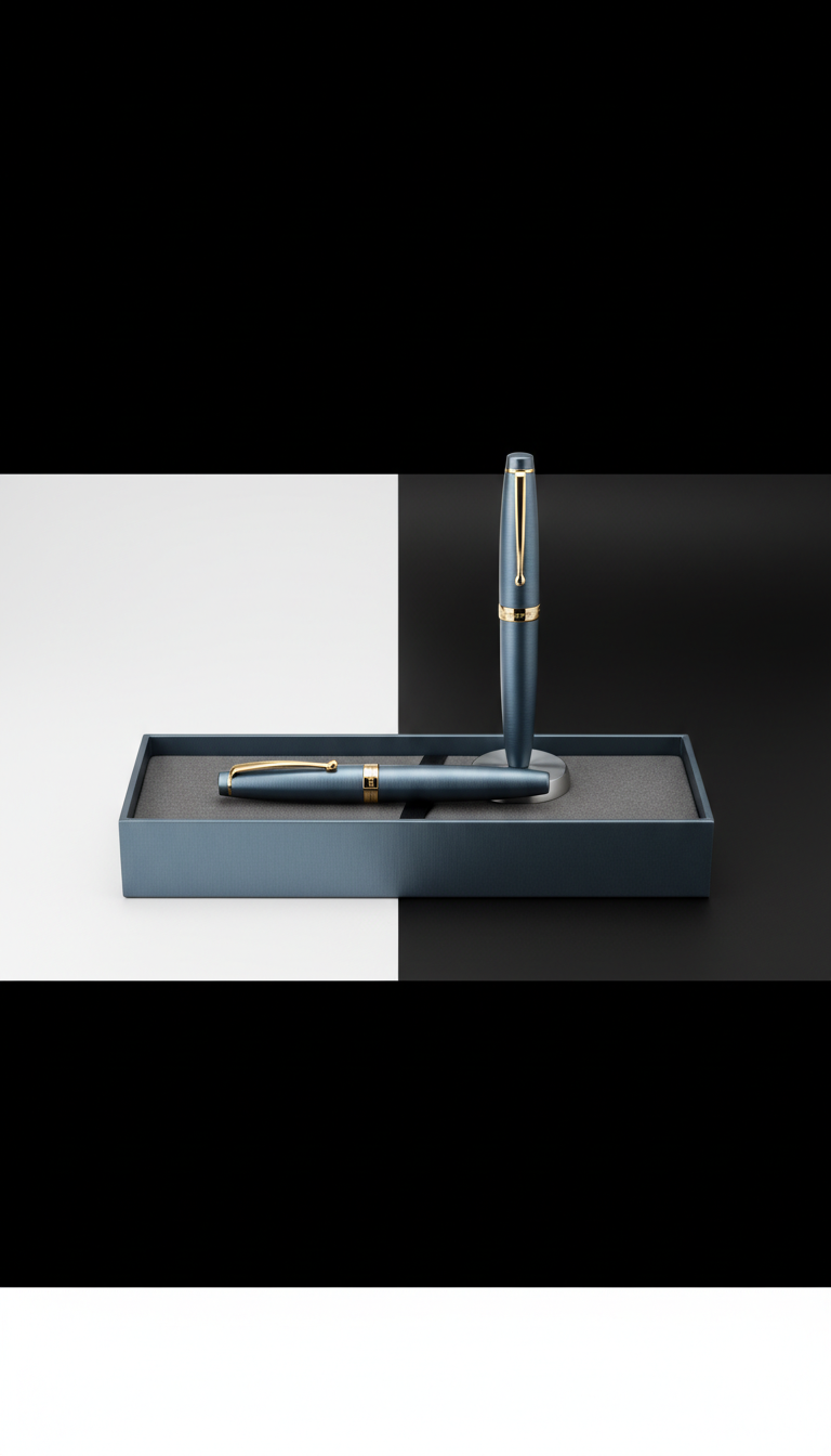 Brushed slate blue gifting pen in presentation box